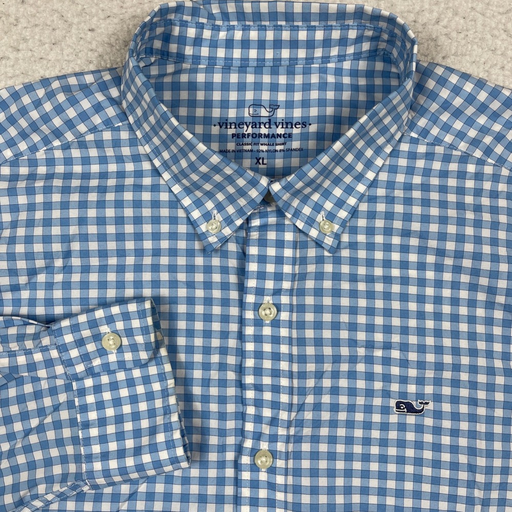 Vineyard Vines Shirt Mens XL Blue Gingham Performance Stretch Preppy Coastal